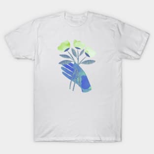 Blue hand with green flowers for you T-Shirt